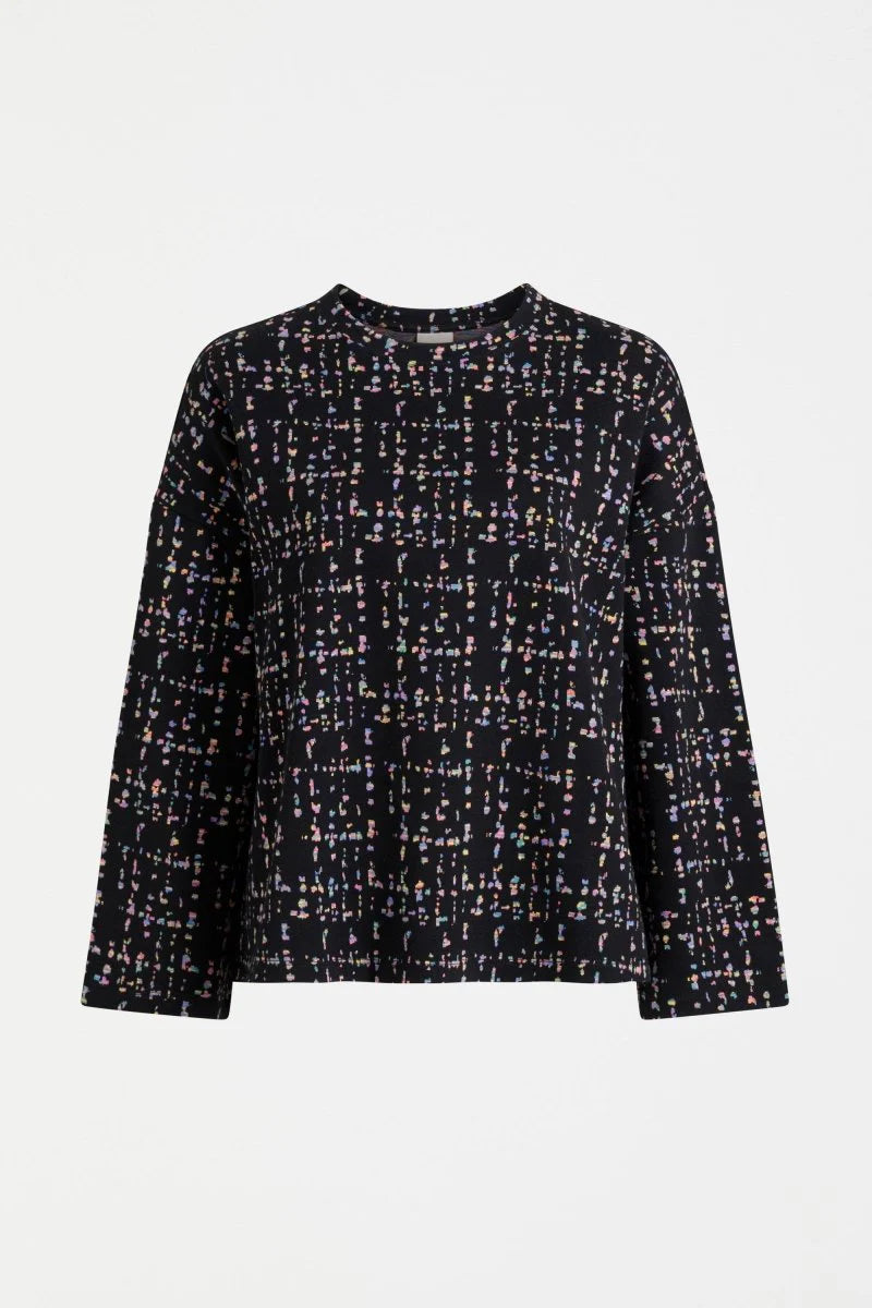 Elk Mohr organic cotton jersey knit long sleeve top black with multi-colour fleck.