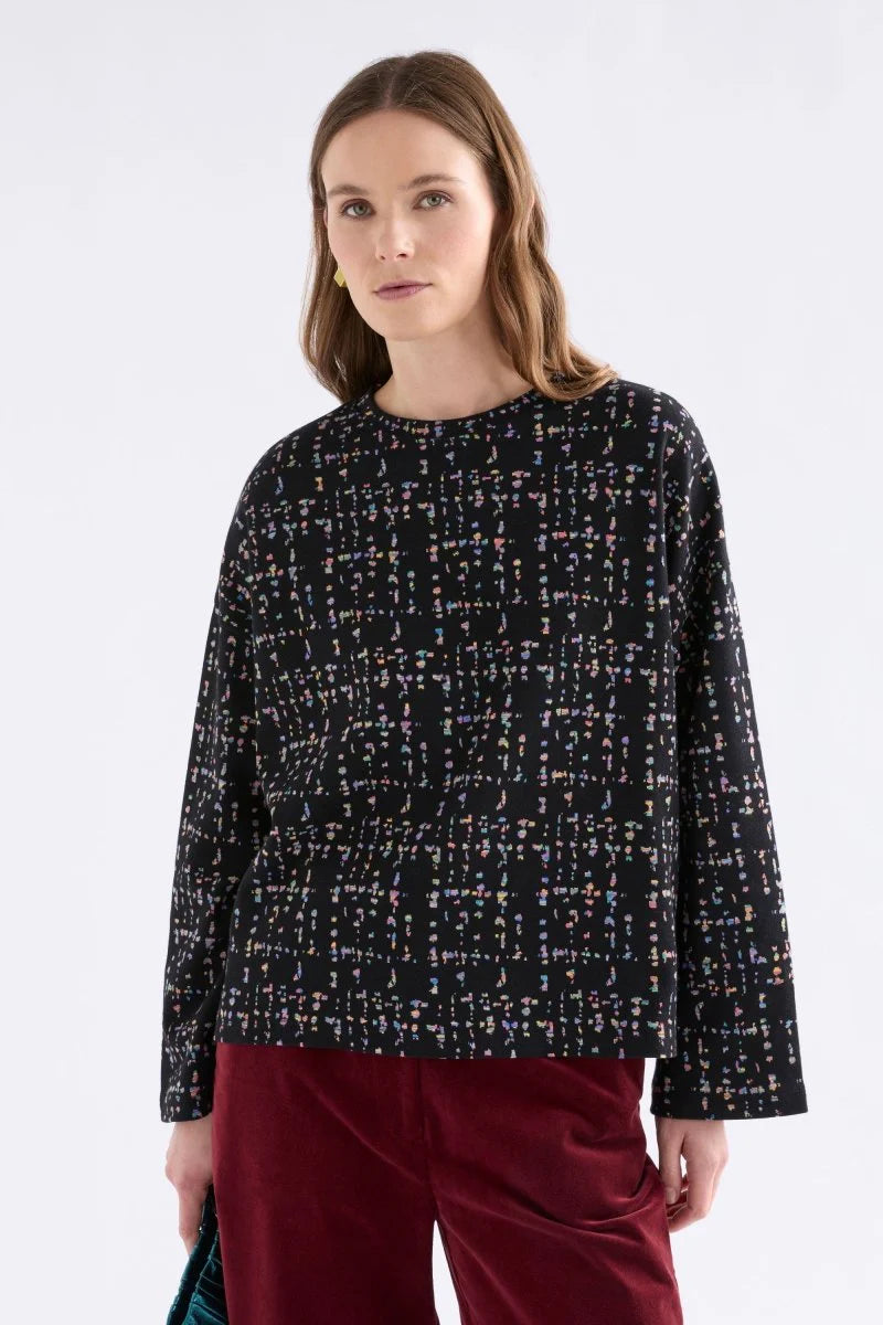 Elk Mohr organic cotton jersey knit long sleeve top black with multi-colour fleck.