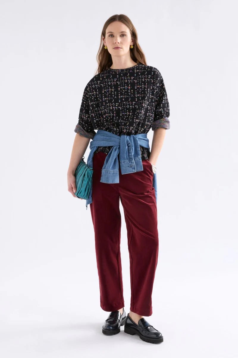 Elk Mohr organic cotton jersey knit long sleeve top black with multi-colour fleck.