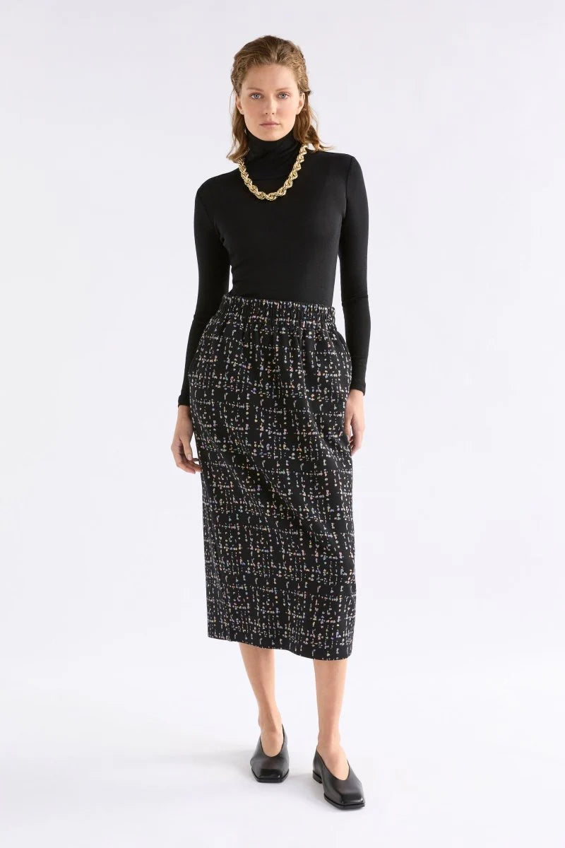 Elk organic cotton jersey knit Mohr skirt in black and multicoloured fleck.