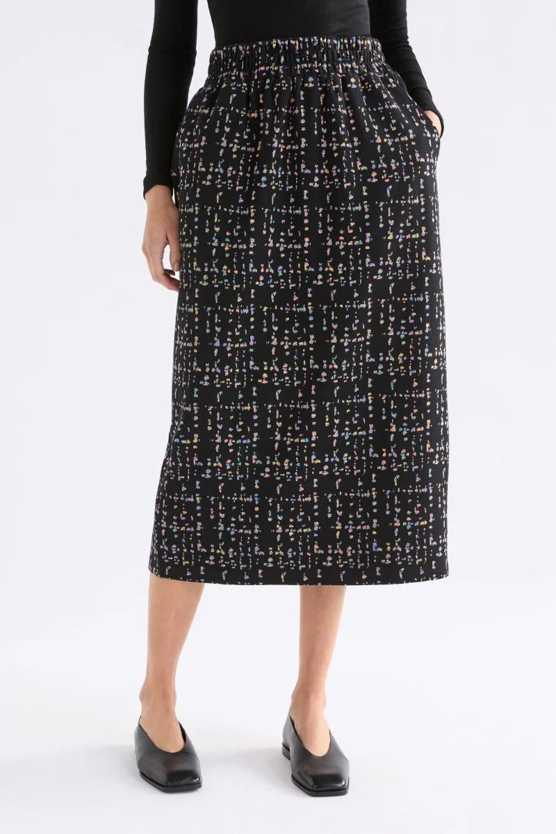 Elk organic cotton jersey knit Mohr skirt in black and multicoloured fleck.