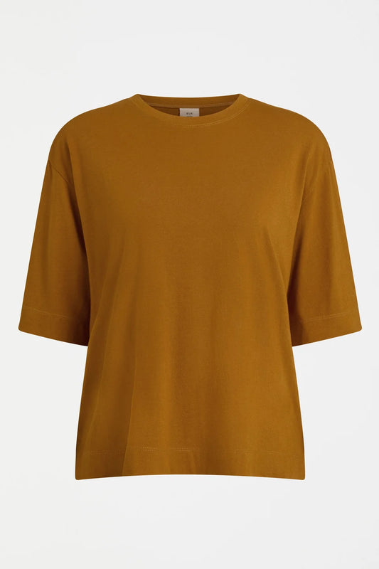 Elk Tiel tshirt in gold, mustard yellow short-sleeve crewneck in organic cotton / modal blend.