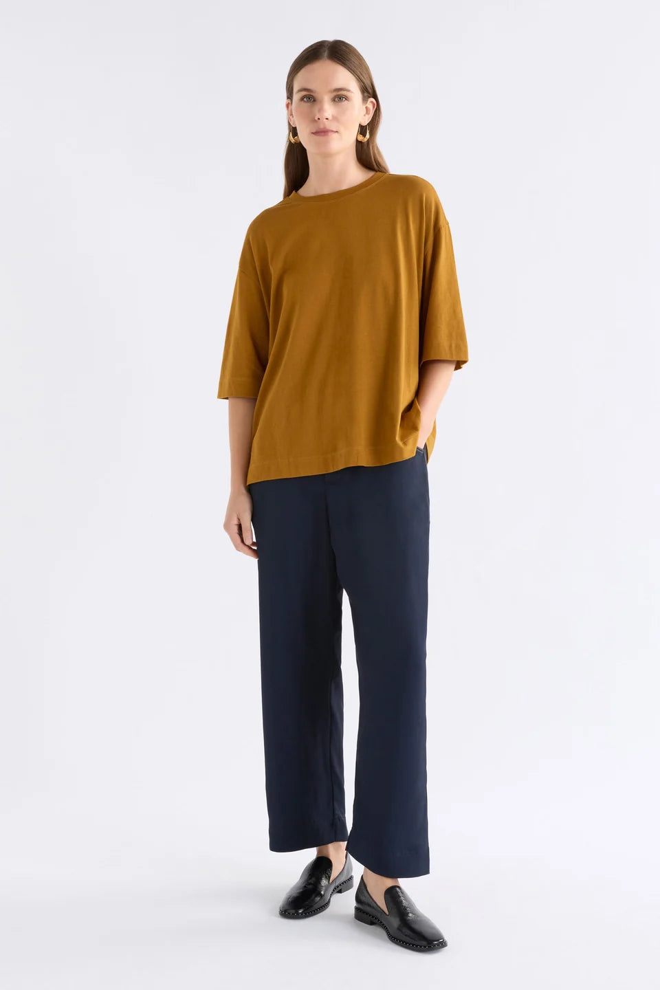 Elk Tiel tshirt in gold, mustard yellow short-sleeve crewneck in organic cotton / modal blend.