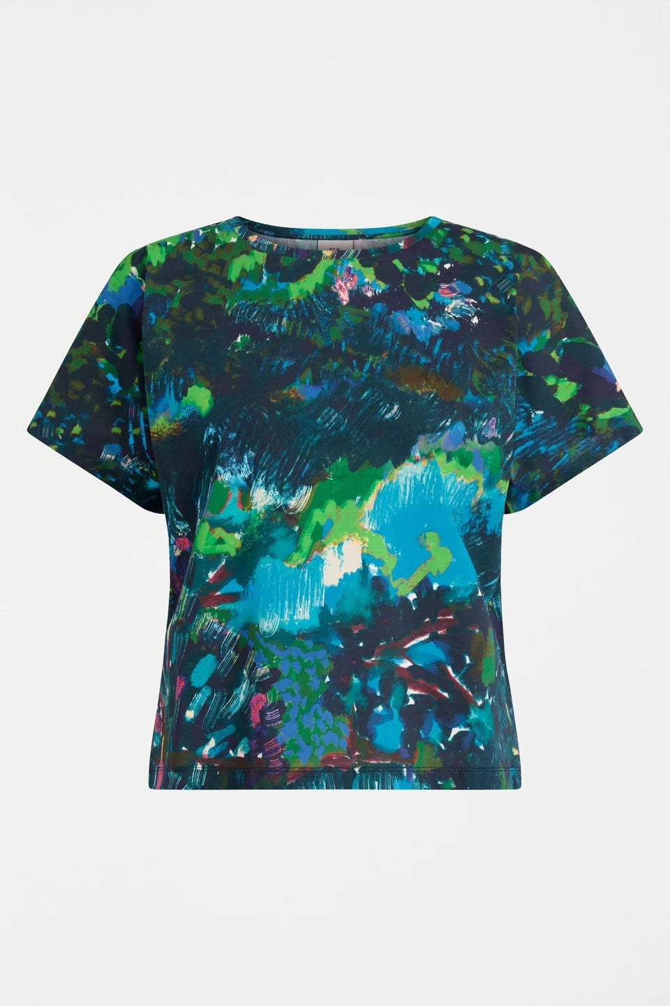 ELk Haki short sleeve print t-shirt in blue, green, and pink abstract.