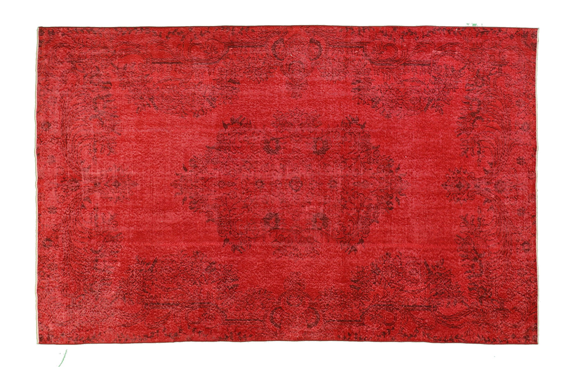 Vintage Turkish carpet floor rug distressed overdyed crimson red.