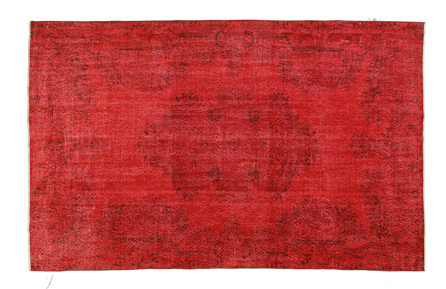 Vintage Turkish carpet floor rug distressed overdyed crimson red.