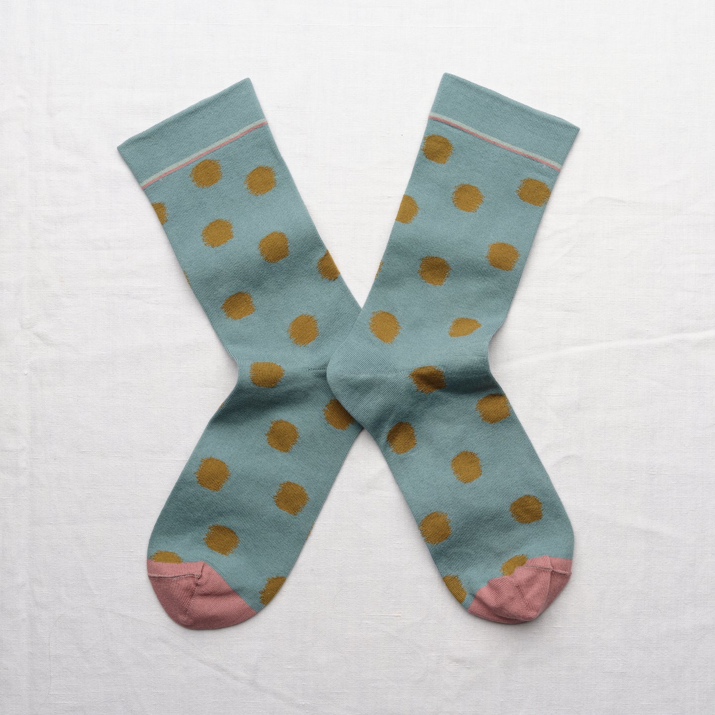 Bonne Maison made in France cotton socks polka dot absinthe khaki green on arctic blue.