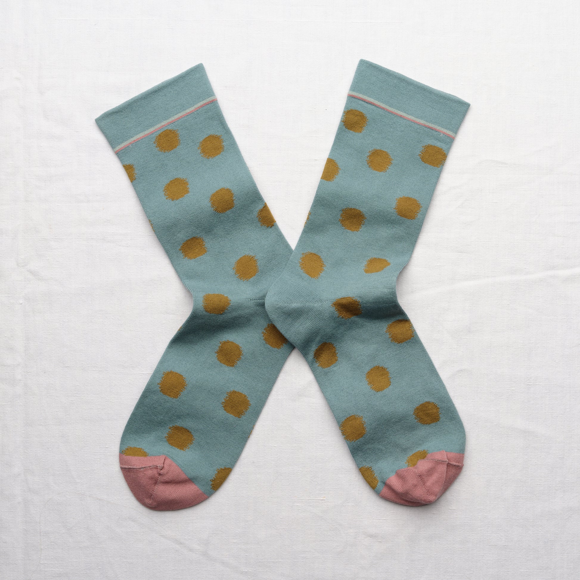Bonne Maison made in France cotton socks polka dot absinthe khaki green on arctic blue.