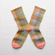 Load image into Gallery viewer, Bonne Maison made in france cotton socks, multico checks blue, olive and pink.