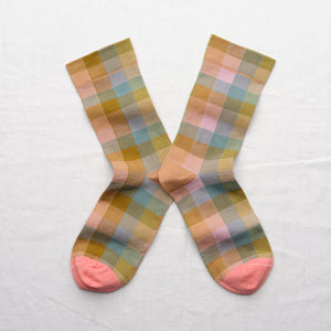 Bonne Maison made in france cotton socks, multico checks blue, olive and pink.