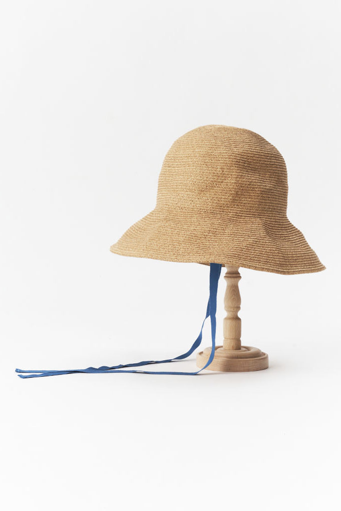 Parcnique Alma paper hat made in Japan PCNQ, natural with blue ribbon tie.