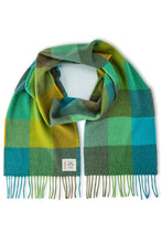 Load image into Gallery viewer, Avoca the Mill made in Ireland merino wool scarf in green fields, green checks with bright blue contrast.
