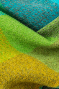 Avoca the Mill made in Ireland merino wool scarf in green fields, green checks with bright blue contrast.