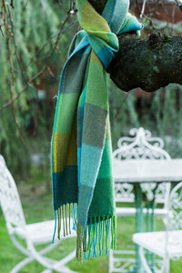 Avoca the Mill made in Ireland merino wool scarf in green fields, green checks with bright blue contrast.