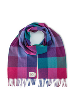 Load image into Gallery viewer, Avoca the Mill made in Ireland fine merino wool scarf in Jewel fields check print, aqua, pink, magenta, purple and blue.