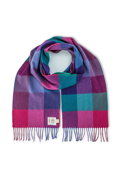 Avoca the Mill made in Ireland fine merino wool scarf in Jewel fields check print, aqua, pink, magenta, purple and blue.