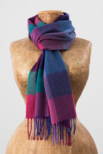 Load image into Gallery viewer, Avoca the Mill made in Ireland fine merino wool scarf in Jewel fields check print, aqua, pink, magenta, purple and blue.