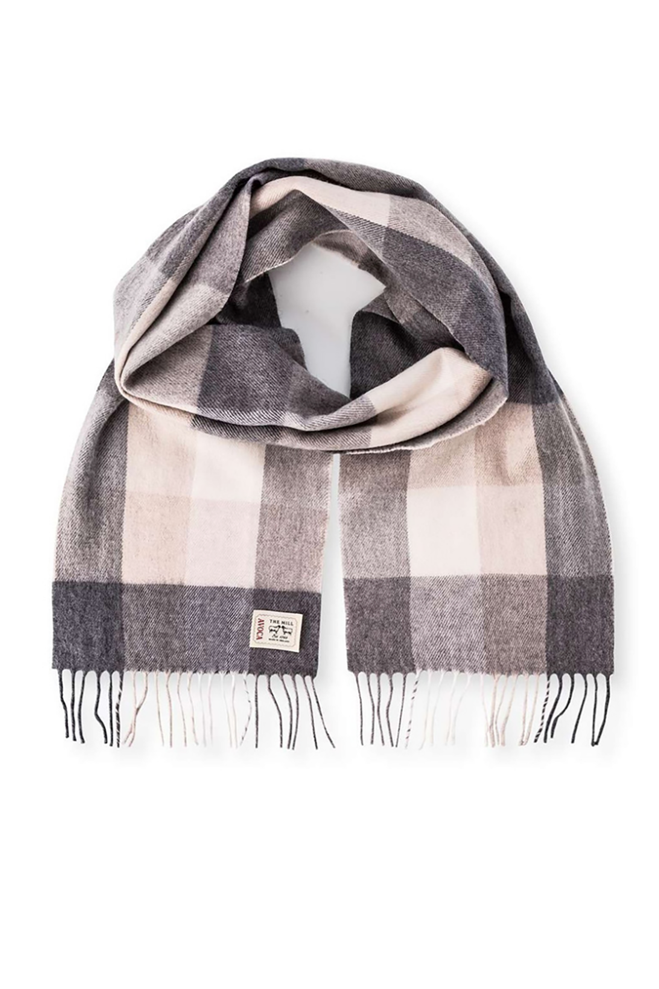 Avoca the Mill made in Ireland fine merino wool scarf in Rome check print, neutral tones.