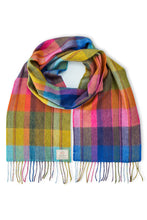 Load image into Gallery viewer, Avoca the Mill made in Ireland merino wool scarf in solstice, bright pastel check and stripe pattern.