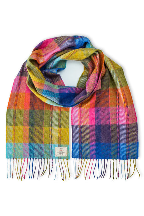 Avoca the Mill made in Ireland merino wool scarf in solstice, bright pastel check and stripe pattern.