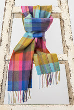 Load image into Gallery viewer, Avoca the Mill made in Ireland merino wool scarf in solstice, bright pastel check and stripe pattern.