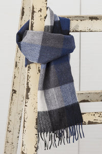 Avoca the Mill made in Ireland fine merino wool scarf in navy and grey check.
