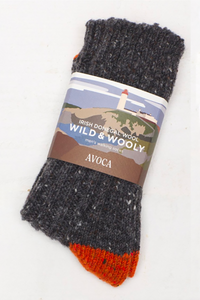 Made in Ireland Avoca the Mill wild and wooly Donegal wool socks in grey orange.
