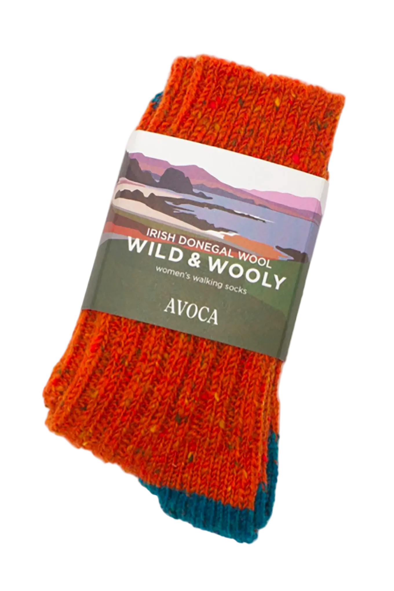 Avoca the Mill made in Ireland Donegal wool wild and wooly socks in orange teal.