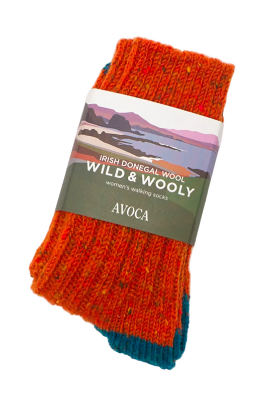 Avoca the Mill made in Ireland Donegal wool wild and wooly socks in orange teal.