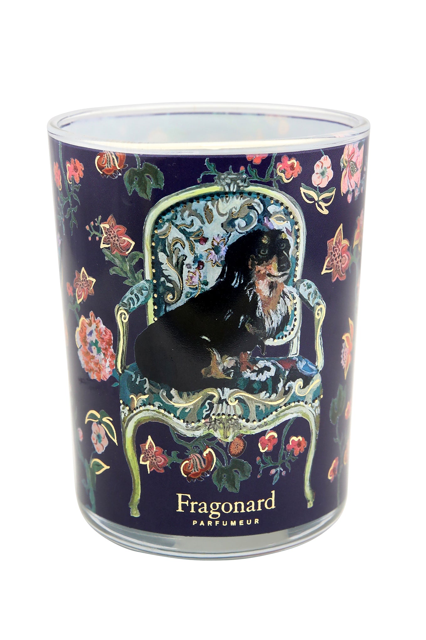 Fragonard limited edition Porte-bonheur mint and chocolate candle featuring a spaniel on a seat.