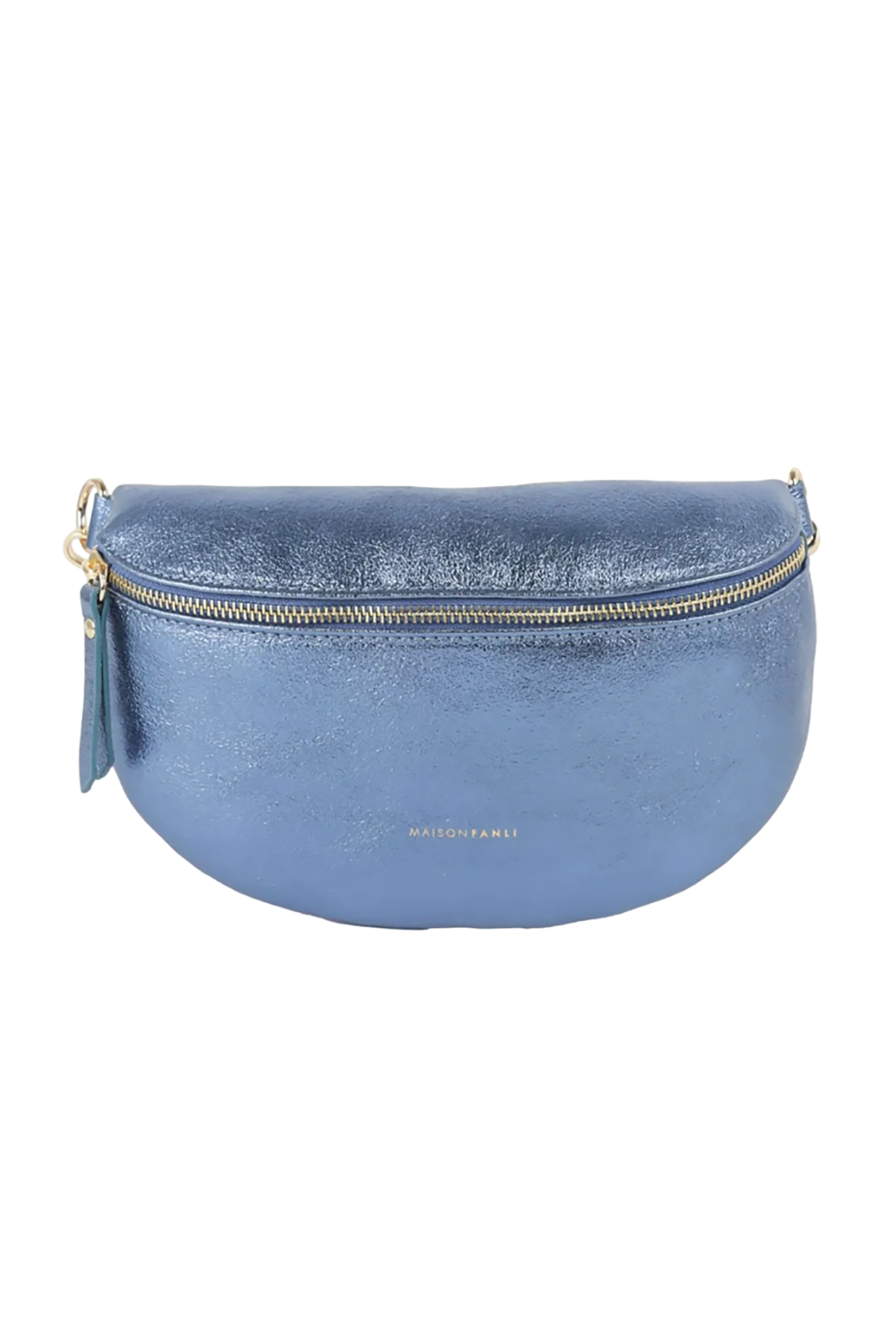 Maison Fanli made in Italy metallic calfskin leather bum bag in blue jeans, denim blue.