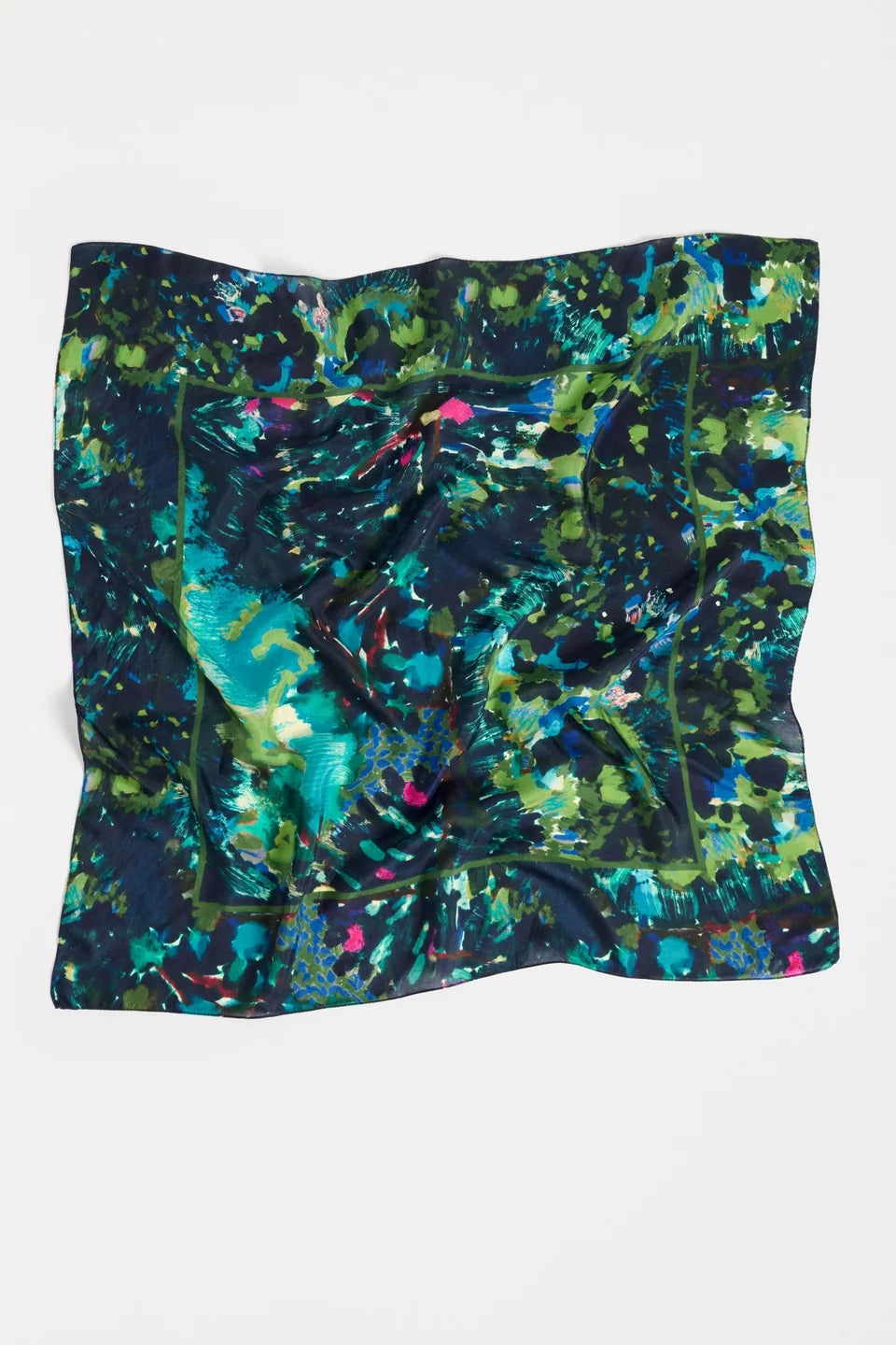 Elk Landskap silk square scarf with an abstract, painterly pattern in shades of teal, green, black, and bright pink accents.