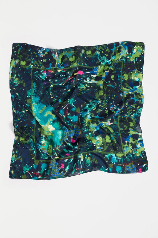 Elk Landskap silk square scarf with an abstract, painterly pattern in shades of teal, green, black, and bright pink accents.