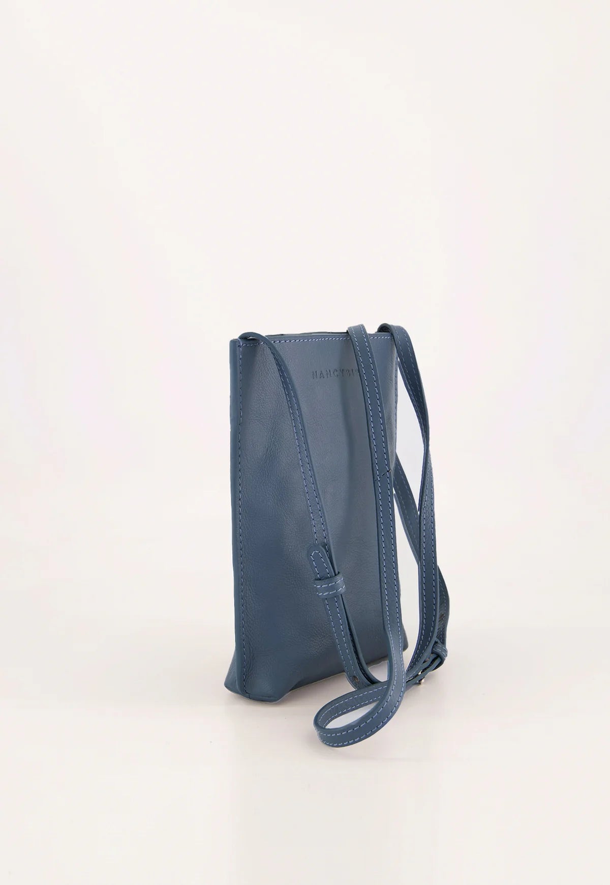 Nancybird Louanne pouch in vegetable tanned leather cross body mineral blue.