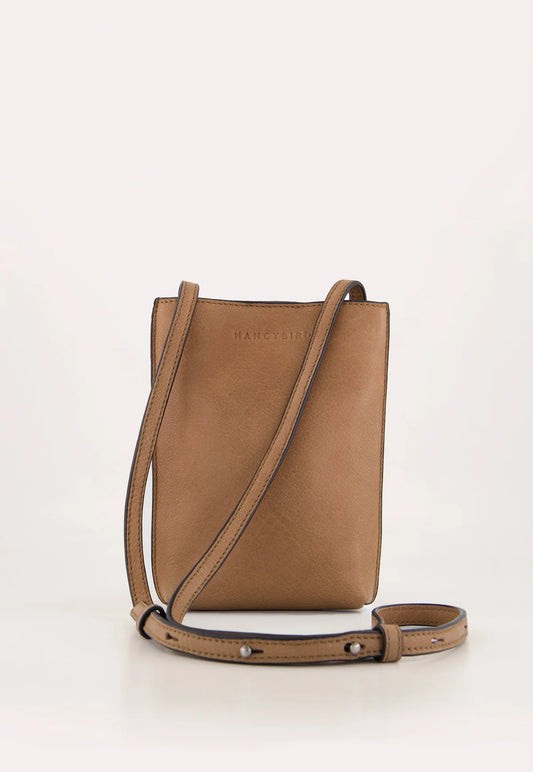 Nancybird Louanne pouch in vegetable tanned leather cross body stone brown.