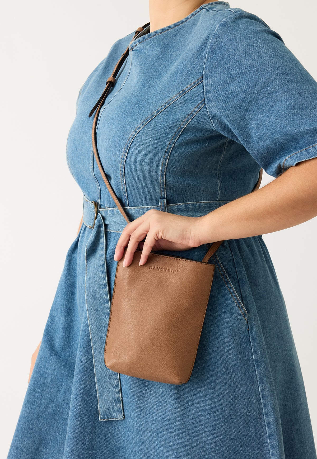 Nancybird Louanne pouch in vegetable tanned leather cross body stone brown.