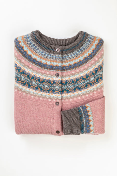 Eribe Scottish fairisle Alpine short cropped cardigan in Vintage pink with soft pink with  grey and cream.