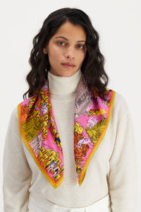 Inoui  Editions silk carre square scarf featuring map of Central Park New York with dogs, in pink, yellow and orange.