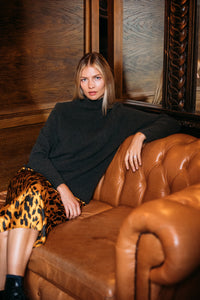 Eribe made in Scotland pure lambswool merino wool Corry raglan sweater, relaxed fit roll neck, in Seaweed.