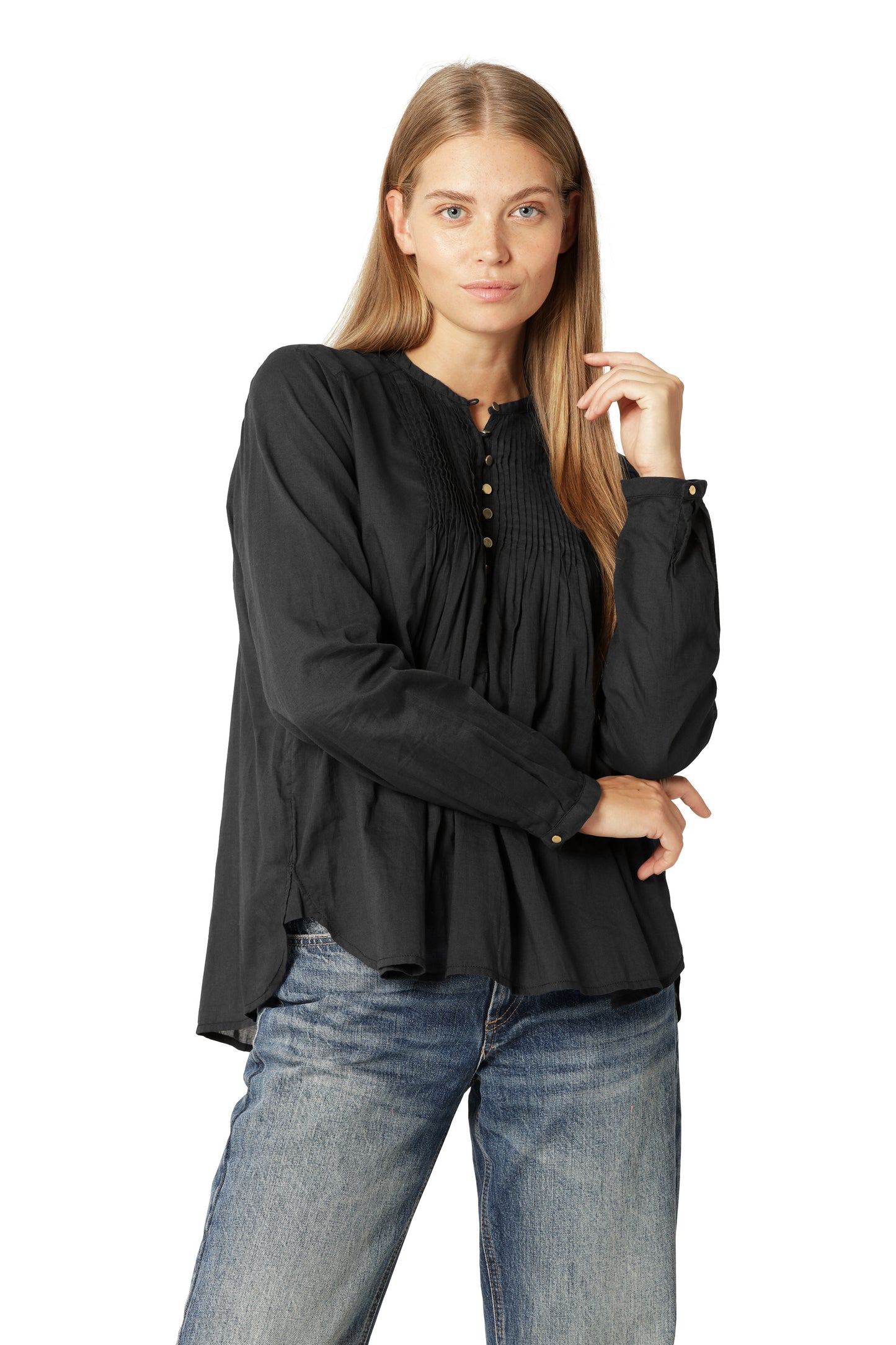 Ilse Jacobsen dark indigo cotton button up shirt with pin tucks.