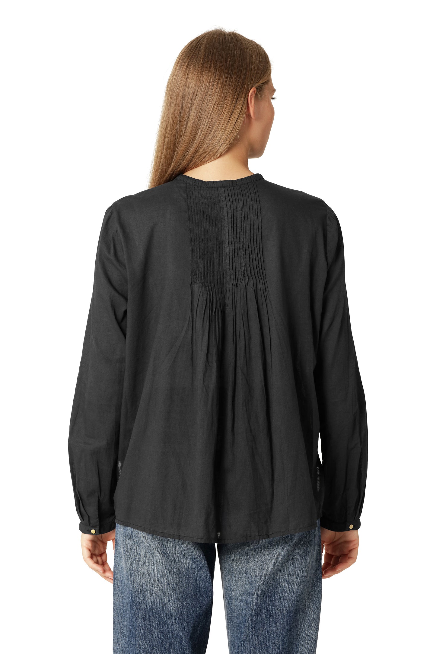 Ilse Jacobsen dark indigo cotton button up shirt with pin tucks.