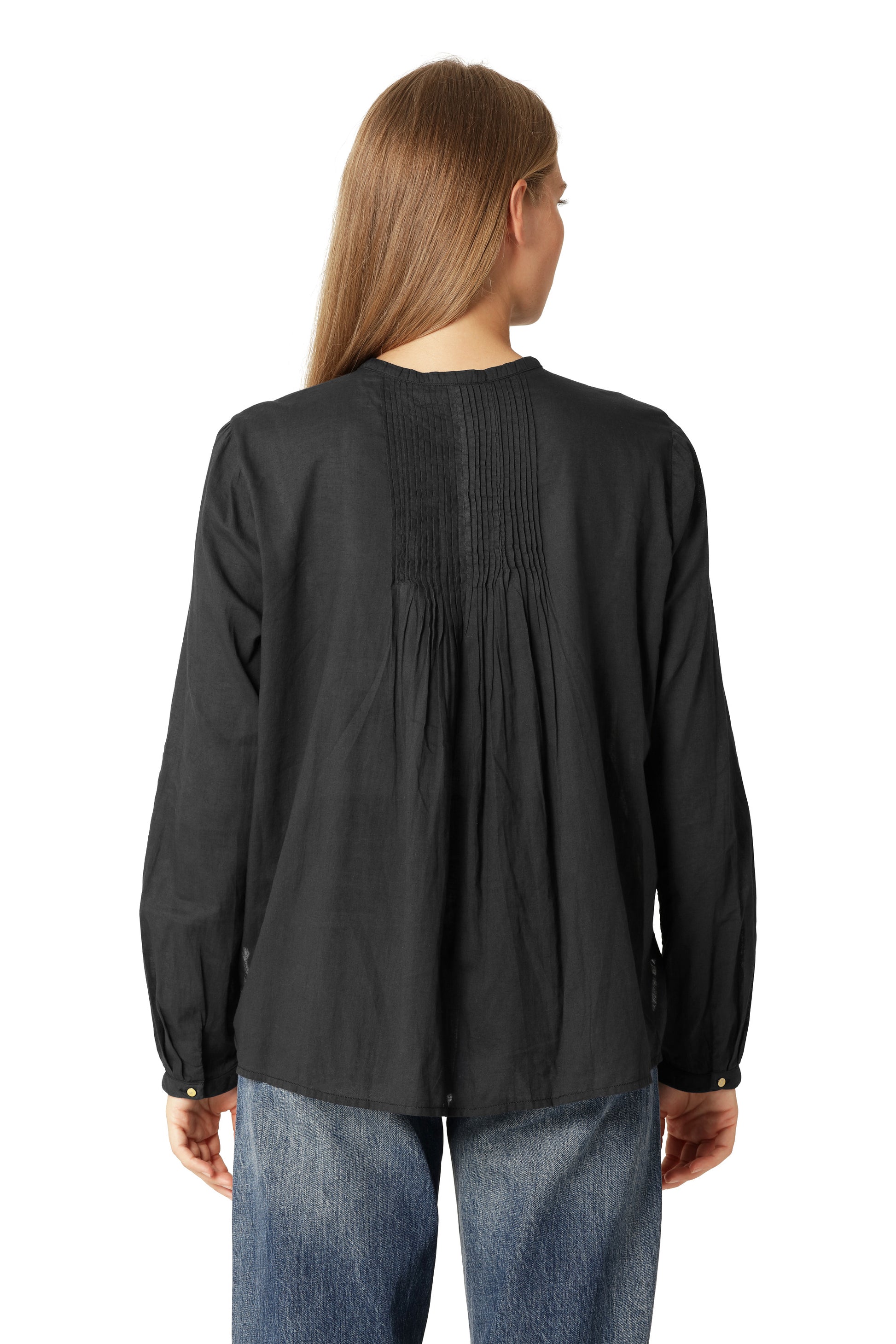 Ilse Jacobsen dark indigo cotton button up shirt with pin tucks.