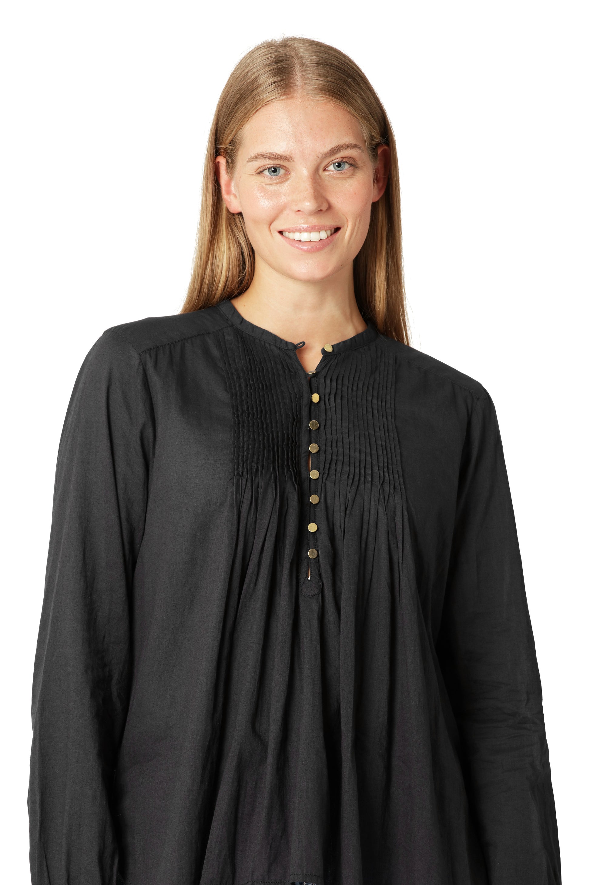 Ilse Jacobsen dark indigo cotton button up shirt with pin tucks.