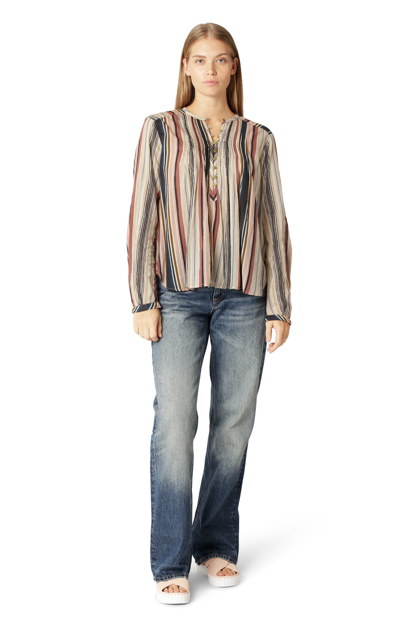 Ilse Jacobsen beige stripe cotton button up shirt with pin tucks.