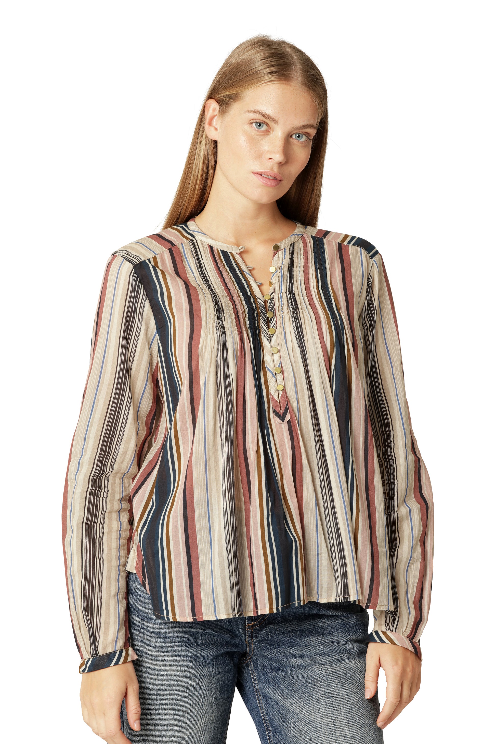 Ilse Jacobsen beige stripe cotton button up shirt with pin tucks.