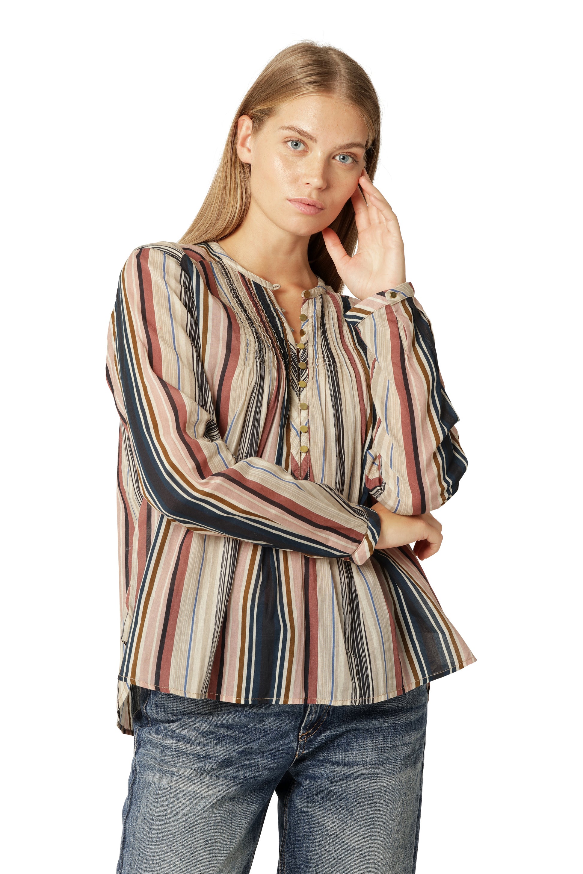 Ilse Jacobsen beige stripe cotton button up shirt with pin tucks.