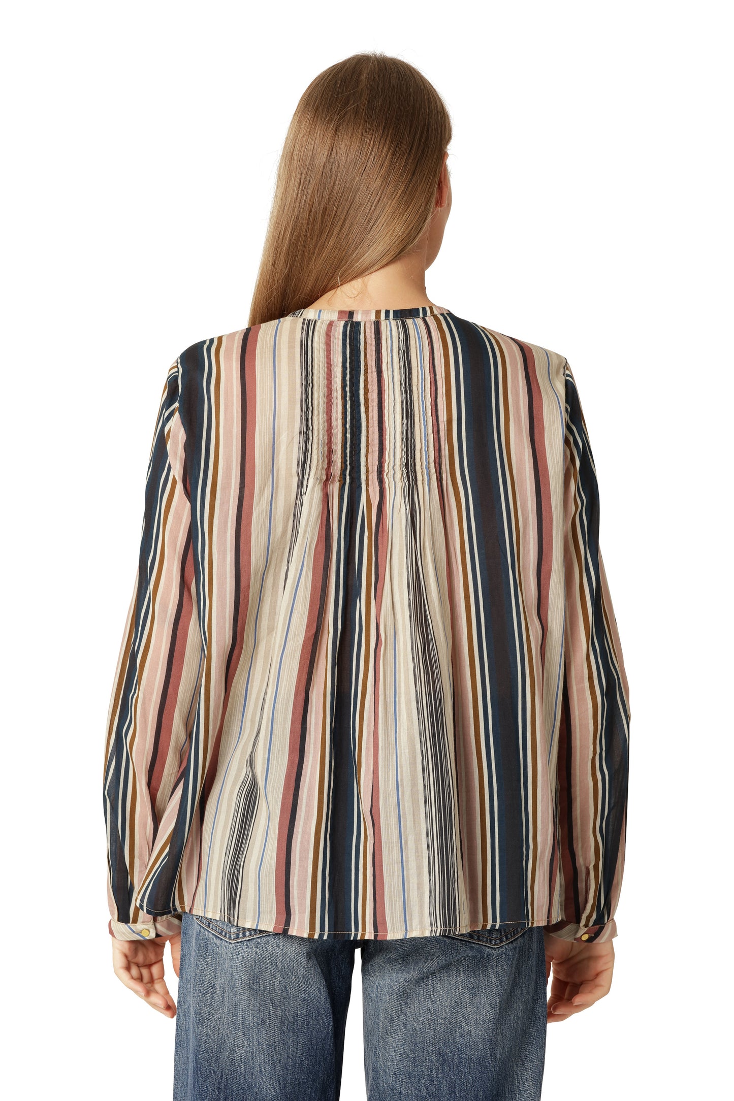 Ilse Jacobsen beige stripe cotton button up shirt with pin tucks.