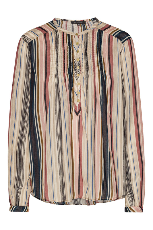 Ilse Jacobsen beige stripe cotton button up shirt with pin tucks.