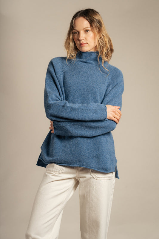 Eribe pure merino wool Corry raglan sweater in blue jeans denim.