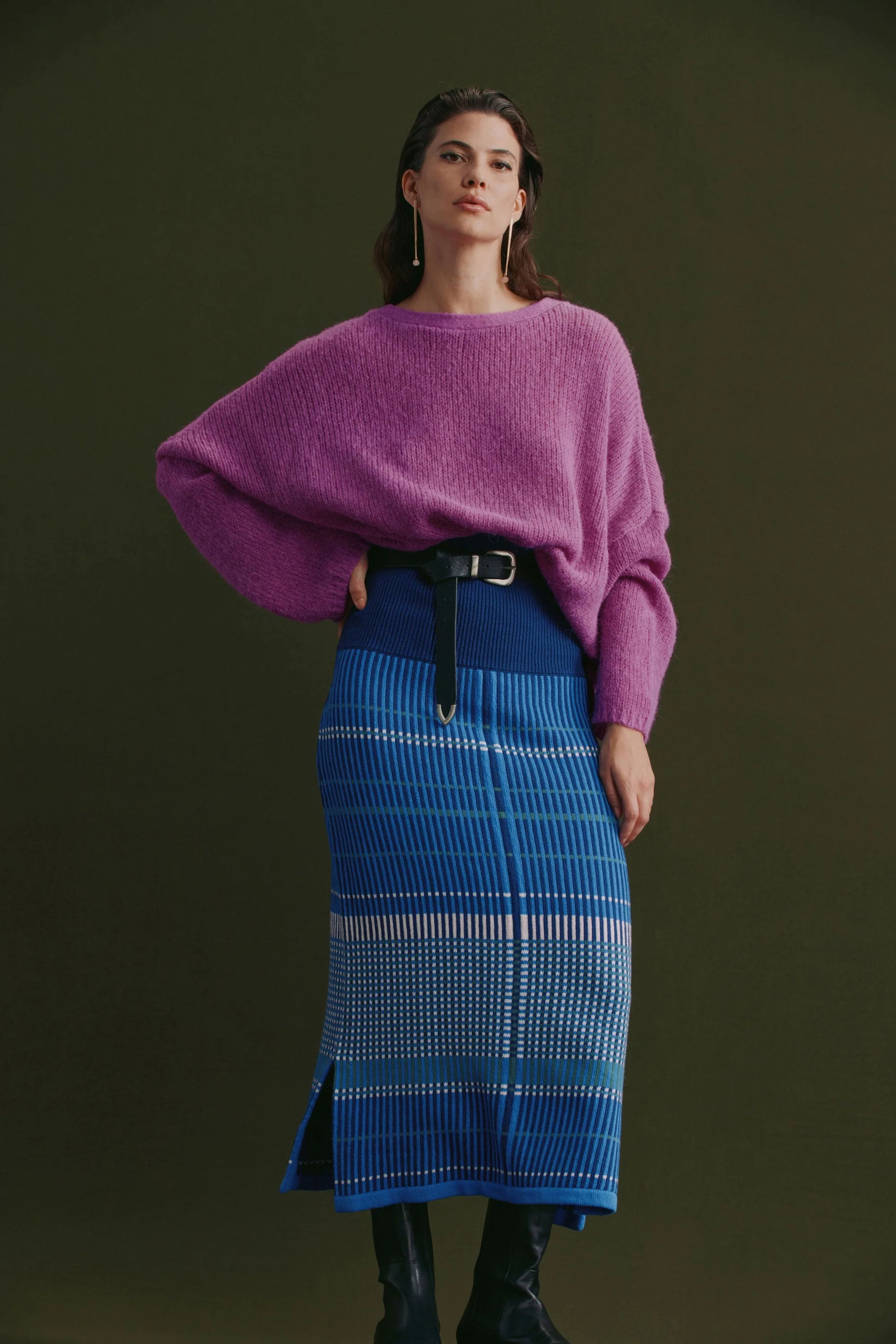 Elk Cila organic cotton knit skirt in blue multi check stripe.